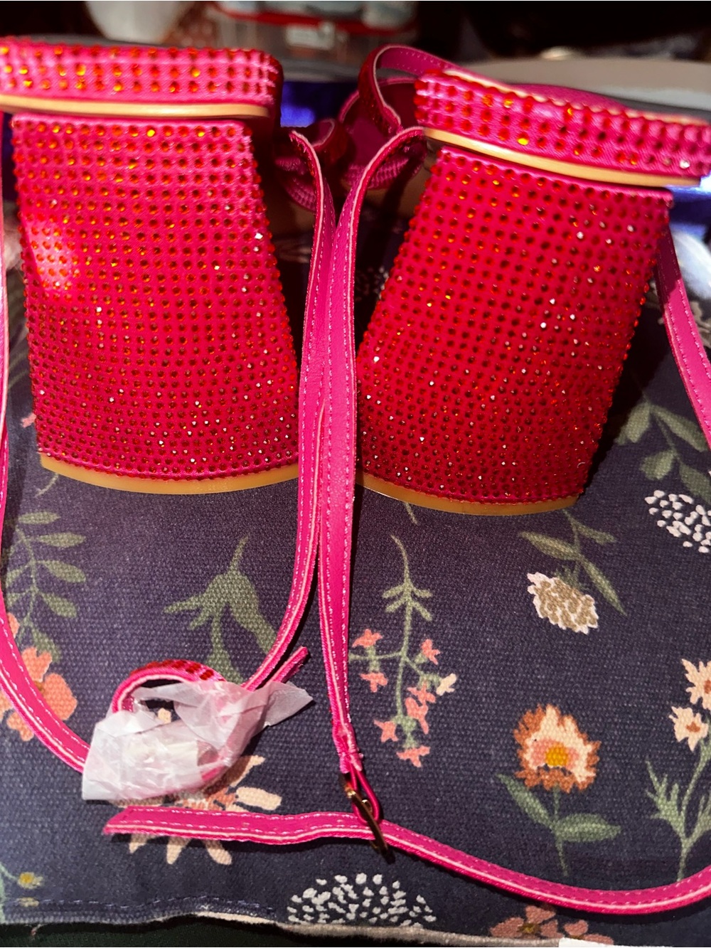 Miss Lola Fuchsia Rhinestone Strap Block Heels - Picture 5 of 5